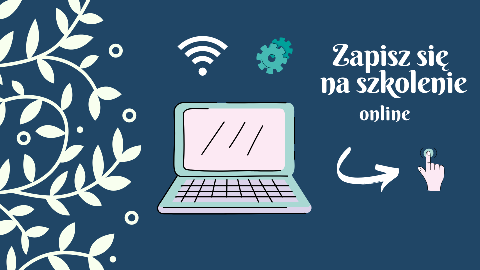 grafika zachęcająca do udziału w szkoleniu, widoczny laptop, symbol Wi-Fi oraz hasło Zapisz się na szkolenie online