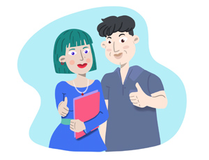 Grafika do szkoleń dla studentów, przedstawia studenta i studentkę z kciukami uniesionymi w górze w geście 