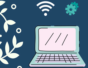 Grafika do szkoleń dla pracowników uczelni spoza UJ, przedstawia otwartego laptopa i motyw dekoracyjny
